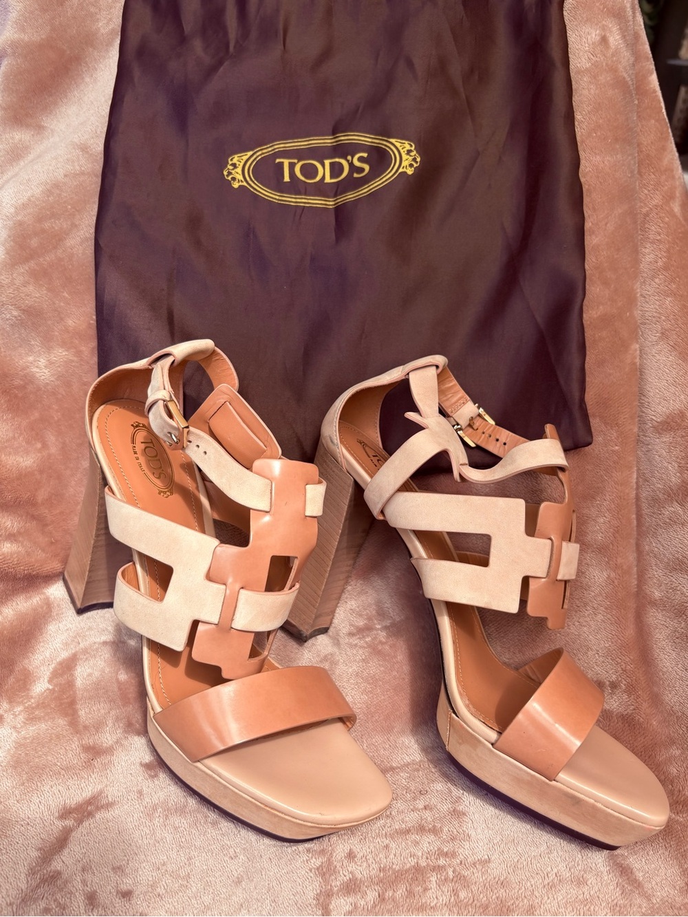 TOD'S Two-Tone Leather High Heel Sandals in Nude and Beige
